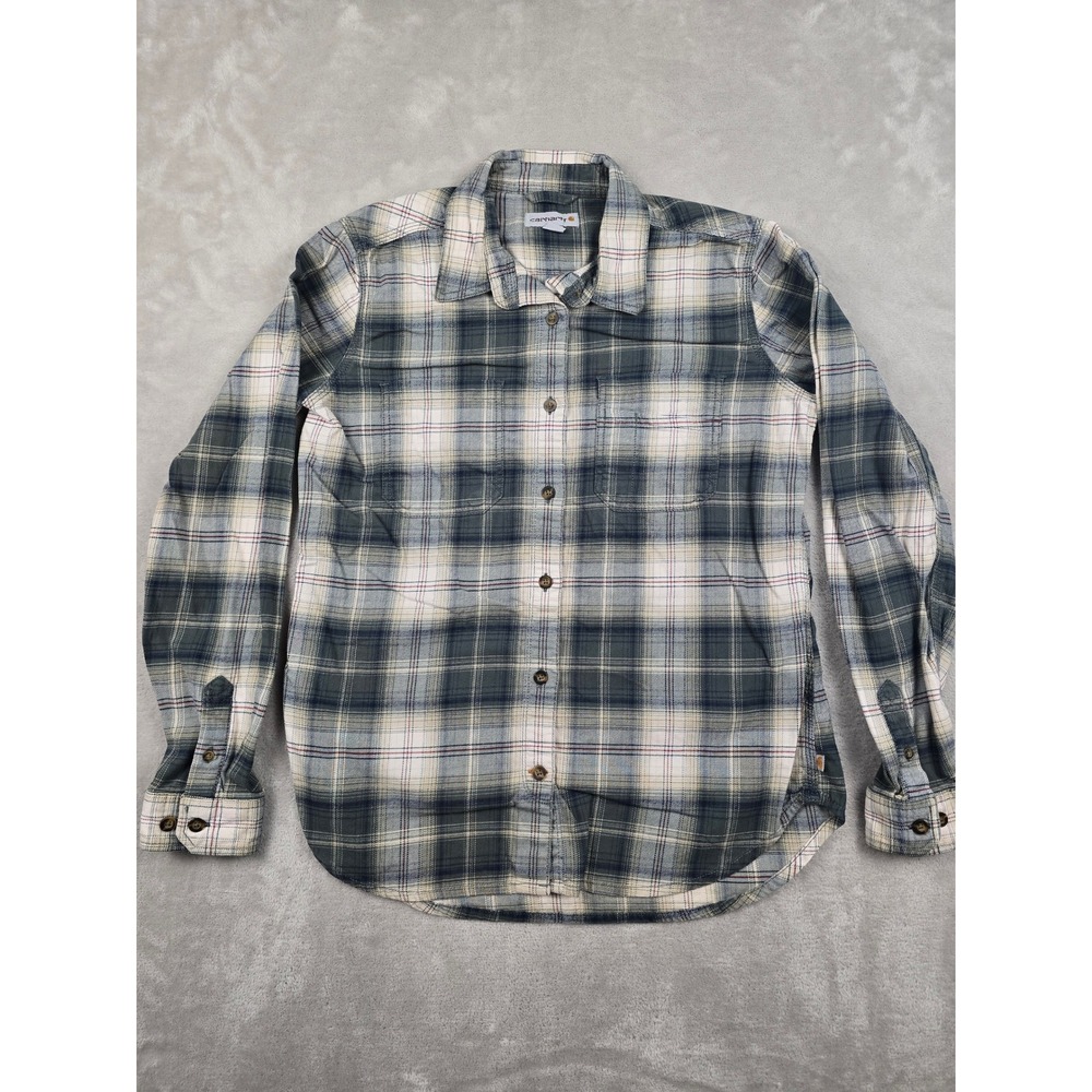 Carhartt Flannel Shirt Women M 8/10 Green Plaid Long Sleeve Button Up 103226